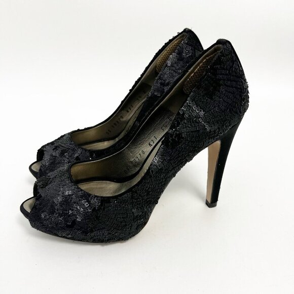 salvatore ferragamo Black Sequins Embellished And Satin Peep Toe Platform Pumps